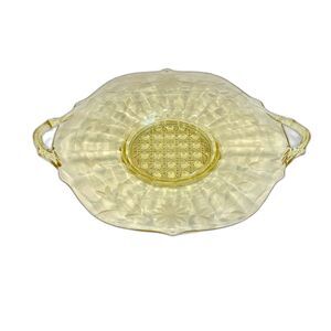 Vintage Yellow Depression Glass Lancaster Cane Etched Floral Handled Plate 11"